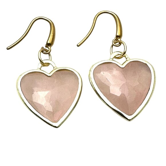 Womens Rose Quartz Gemstone Pink Heart Gold Plated Earrings Pierced Chandelier - Picture 1 of 6
